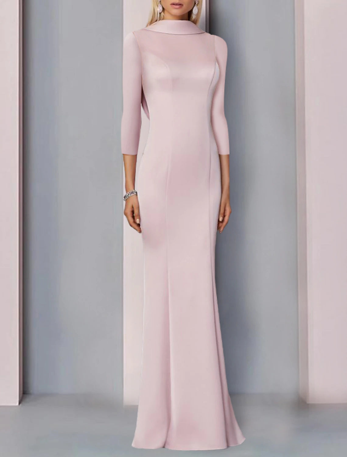 Vestido de noche elegante de sirena/trompeta, vestido formal para invitados de boda, largo hasta el suelo, manga 3/4, cuello alto, satén